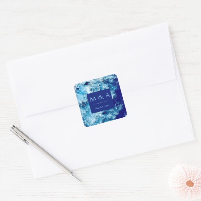 Blue Ocean Water Wedding Square Stickers  (Envelope)