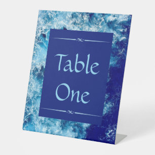 Blue Ocean Water Wedding Table Numbers Pedestal Sign
