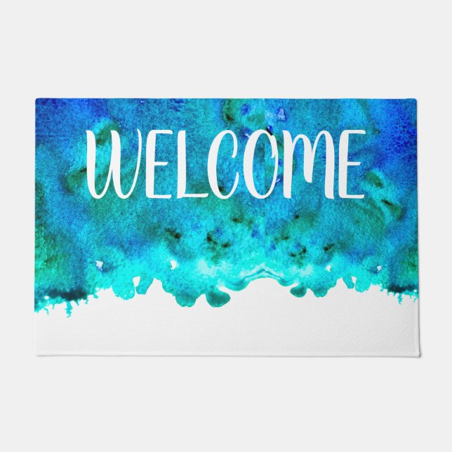 Blue ocean watercolor marble abstract doormat (Front)