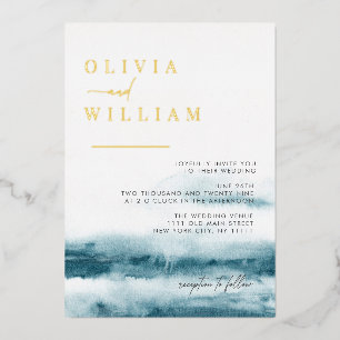 Blue Ocean Watercolor Wedding Foil Invitation
