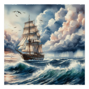 Blue Ocean Wave Boat Watercolor Poster