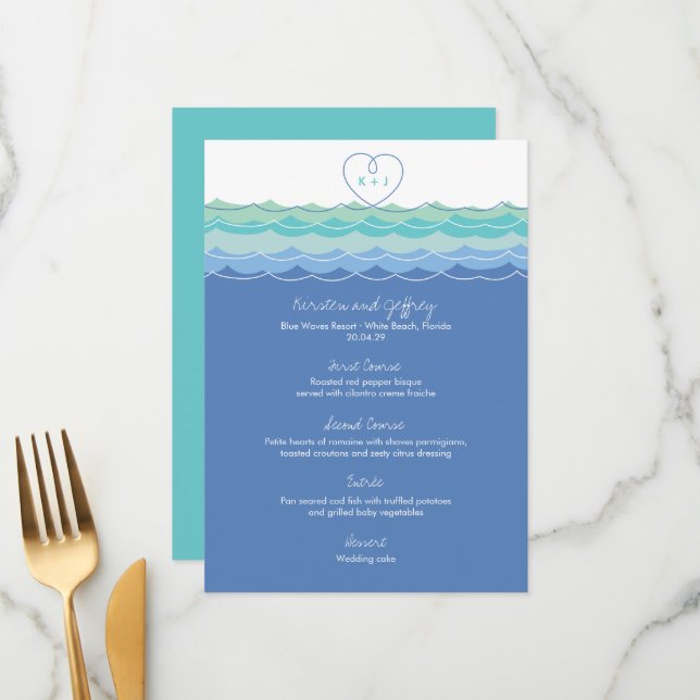 Blue Ocean Wave Loopy Heart Monogram Beach Wedding Menu (Front/Back In Situ)