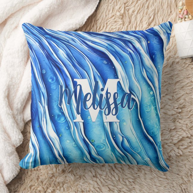 Blue Ocean Wave Monogrammed Throw Pillow (Blanket)