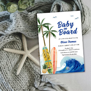 Blue Ocean Wave Surfboard Baby Shower Invitation