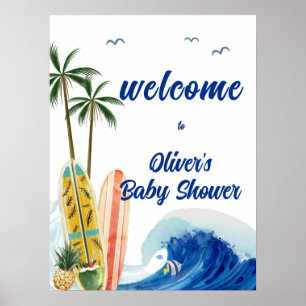 Blue Ocean Wave Surfboard Baby Shower Welcome Poster