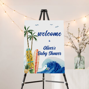 Blue Ocean Wave Surfboard Baby Shower Welcome Sign