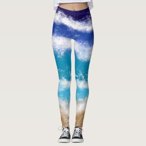 Blue Ocean Waves and Sandy Beach Leggings