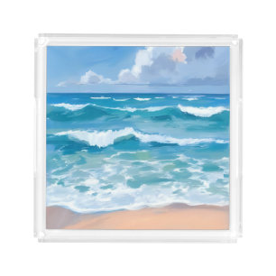 Blue Ocean Waves Beach Sea Watercolor Acrylic Tray