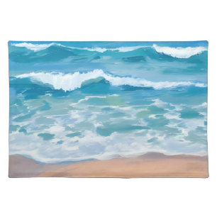 Blue Ocean Waves Beach Sea Watercolor Cloth Placemat