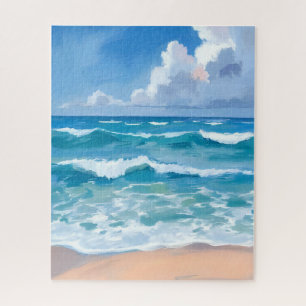 Blue Ocean Waves Beach Sea Watercolor Jigsaw Puzzle