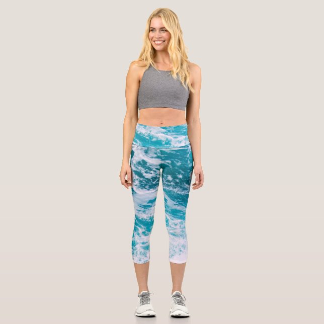Blue Ocean Waves Capri Leggings (Front)