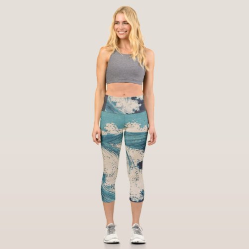 Blue Ocean Waves Japanese Woodcut  Capri Leggings