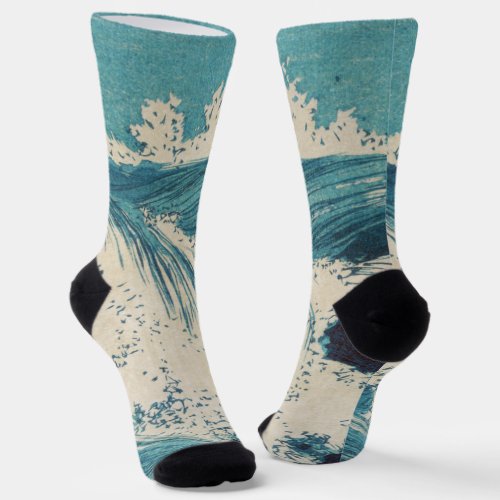 Blue Ocean Waves Japanese Woodcut  Socks