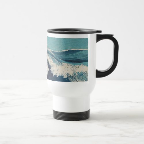 Blue Ocean Waves Japanese Woodcut  Travel Mug