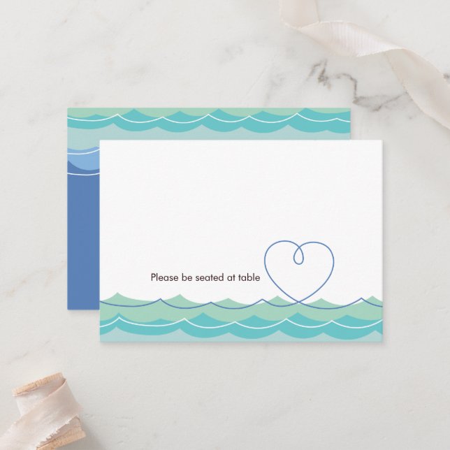 Blue Ocean Waves Loopy Heart Simple Beach Wedding Place Card (Front/Back In Situ)