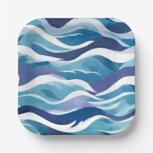 Blue Ocean Waves   Modern Simplistic Watercolor  Paper Plates