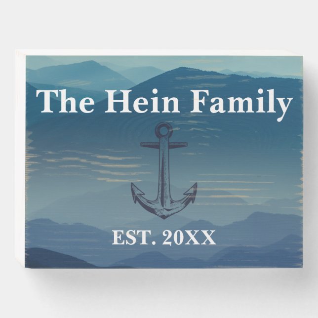 Blue Ocean Waves Nautical Family Name  Monogram Wooden Box Sign (Front Horizontal)