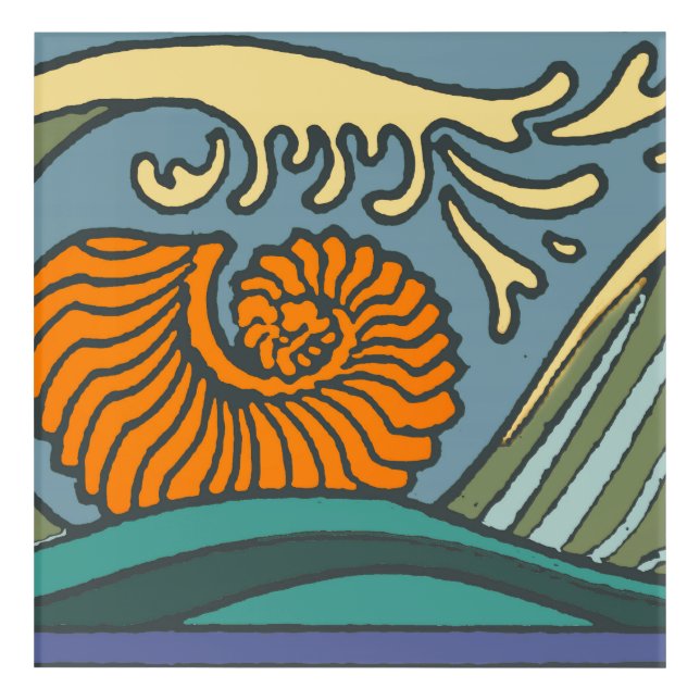 Blue Ocean Waves Nautilus Seashell Pattern Nouveau Acrylic Print (Front)
