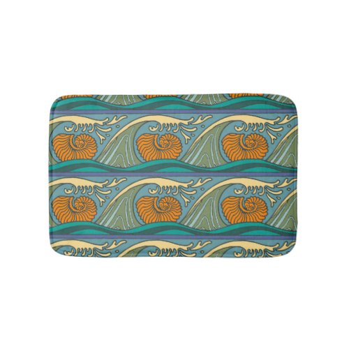 Blue Ocean Waves Nautilus Seashell Pattern Nouveau Bathroom Mat