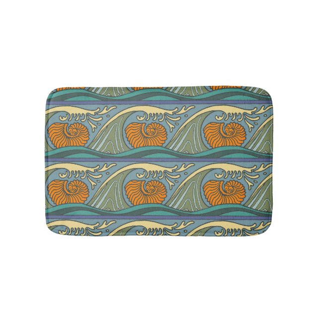 Blue Ocean Waves Nautilus Seashell Pattern Nouveau Bathroom Mat (Front)