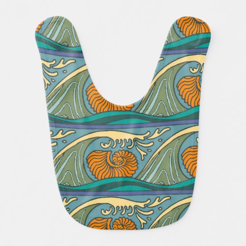 Blue Ocean Waves Nautilus Seashell Pattern Nouveau Bib