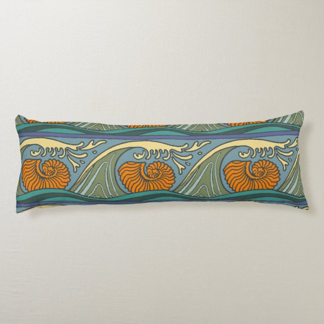 Blue Ocean Waves Nautilus Seashell Pattern Nouveau Body Pillow (Back)