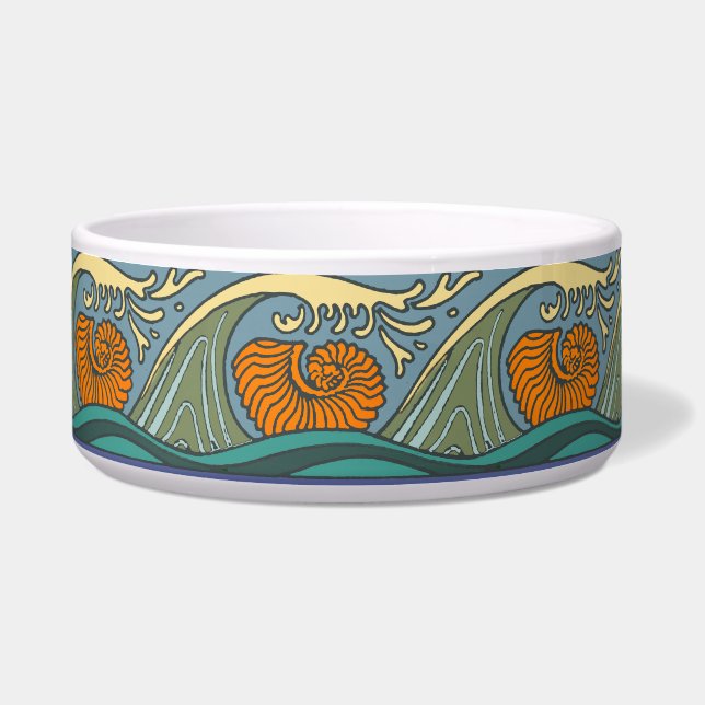 Blue Ocean Waves Nautilus Seashell Pattern Nouveau Bowl (Front)