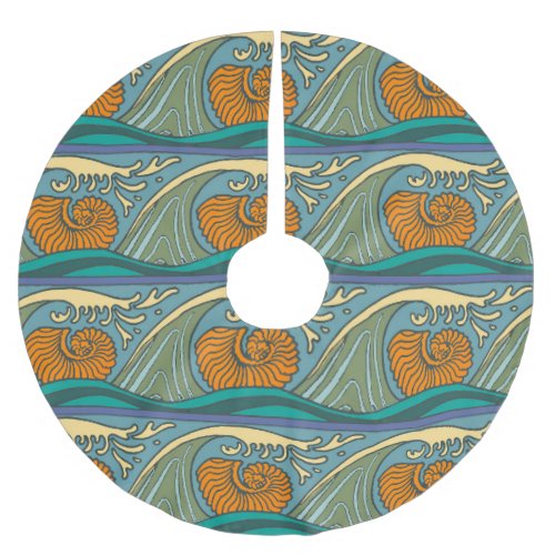 Blue Ocean Waves Nautilus Seashell Pattern Nouveau Brushed Polyester Tree Skirt