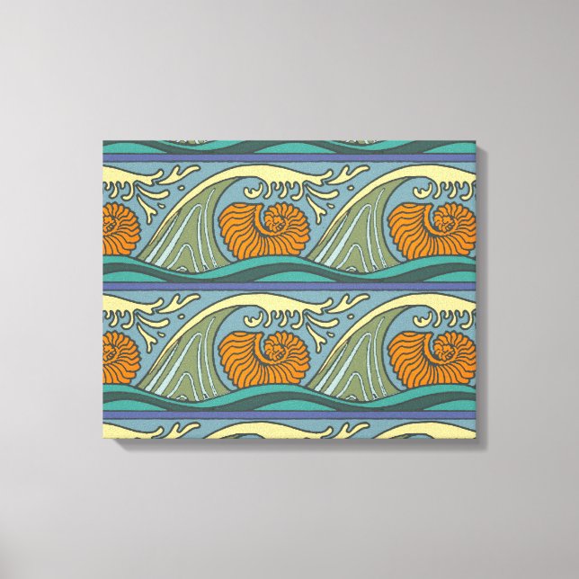 Blue Ocean Waves Nautilus Seashell Pattern Nouveau Canvas Print (Front)