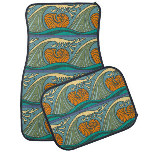 Blue Ocean Waves Nautilus Seashell Pattern Nouveau Car Floor Mat