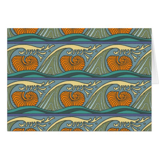 Blue Ocean Waves Nautilus Seashell Pattern Nouveau Cards (Front Horizontal)