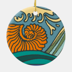 Blue Ocean Waves Nautilus Seashell Pattern Nouveau Ceramic Ornament
