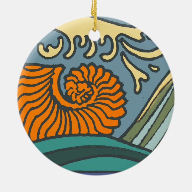 Blue Ocean Waves Nautilus Seashell Pattern Nouveau Ceramic Ornament (Back)