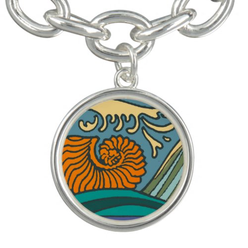 Blue Ocean Waves Nautilus Seashell Pattern Nouveau Charm Bracelet