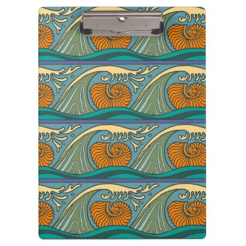 Blue Ocean Waves Nautilus Seashell Pattern Nouveau Clipboard