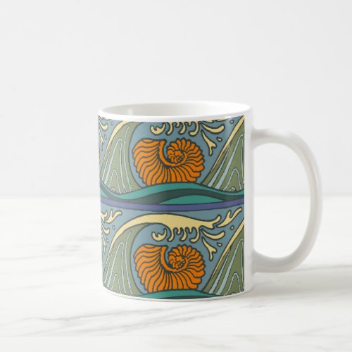 Blue Ocean Waves Nautilus Seashell Pattern Nouveau Coffee Mug