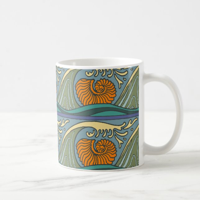 Blue Ocean Waves Nautilus Seashell Pattern Nouveau Coffee Mug (Right)