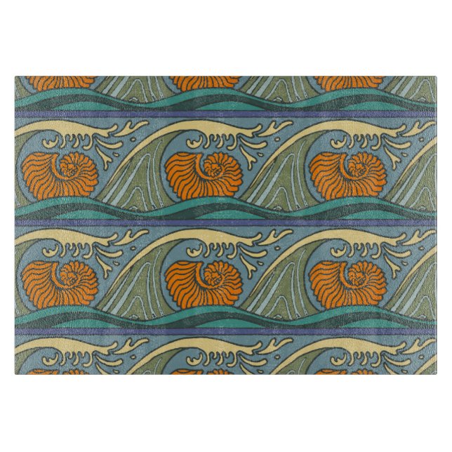 Blue Ocean Waves Nautilus Seashell Pattern Nouveau Cutting Board (Front)
