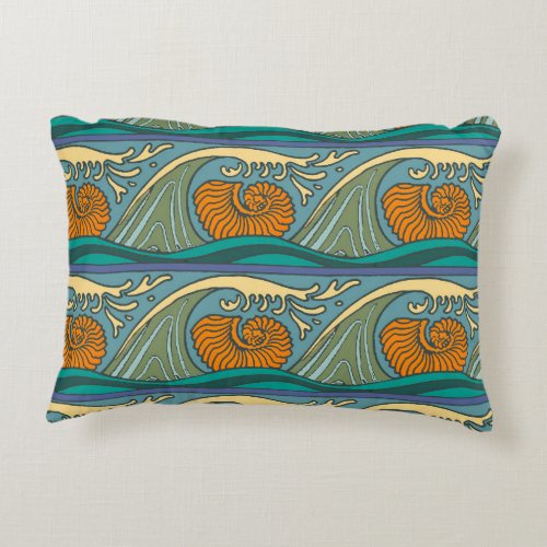 Blue Ocean Waves Nautilus Seashell Pattern Nouveau Decorative Pillow