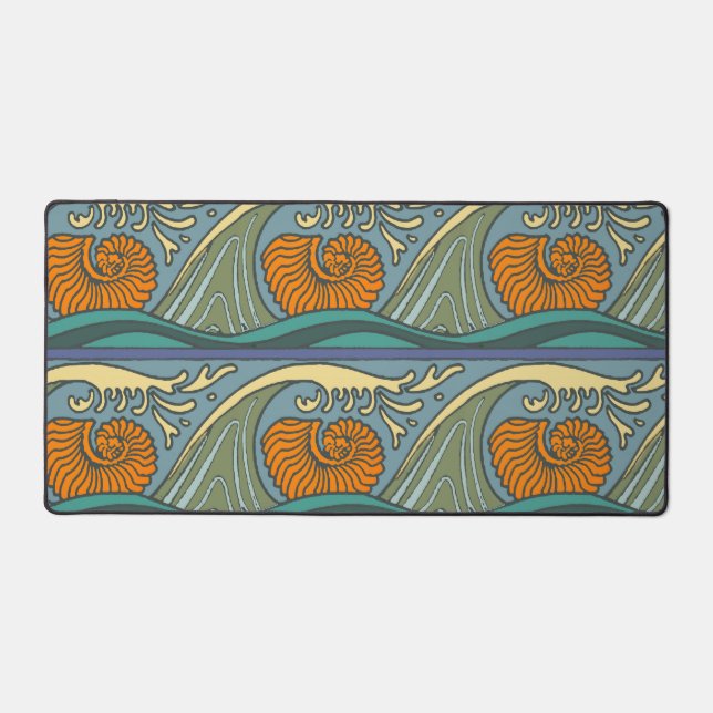 Blue Ocean Waves Nautilus Seashell Pattern Nouveau Desk Mat (Front)