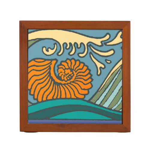 Blue Ocean Waves Nautilus Seashell Pattern Nouveau Desk Organizer
