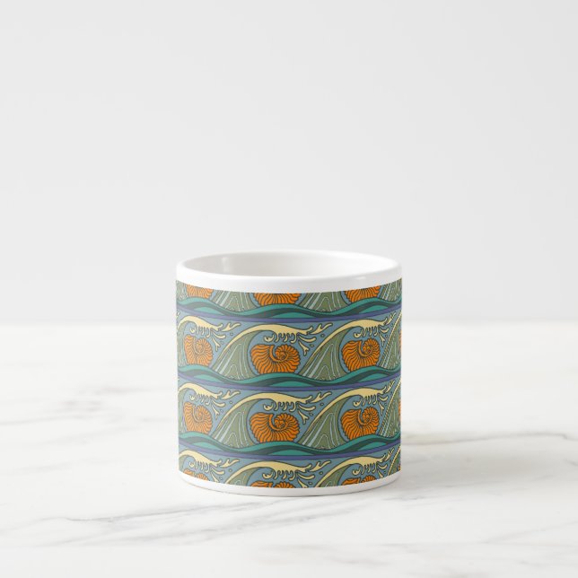 Blue Ocean Waves Nautilus Seashell Pattern Nouveau Espresso Cup (Front)