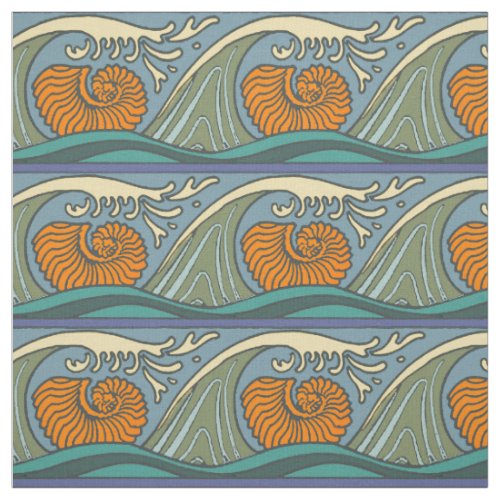 Blue Ocean Waves Nautilus Seashell Pattern Nouveau Fabric