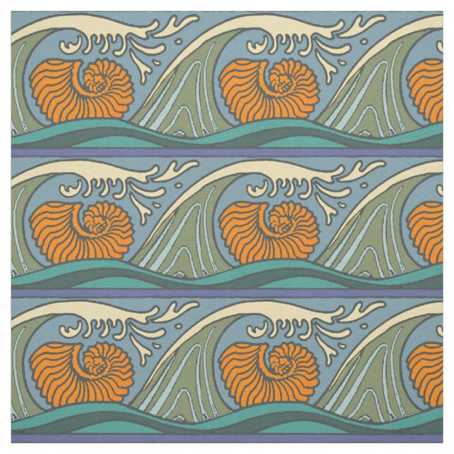 Blue Ocean Waves Nautilus Seashell Pattern Nouveau Fabric (Swatch)