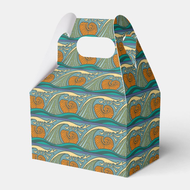 Blue Ocean Waves Nautilus Seashell Pattern Nouveau Favor Boxes (Front Side)