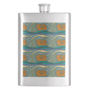 Blue Ocean Waves Nautilus Seashell Pattern Nouveau Flask
