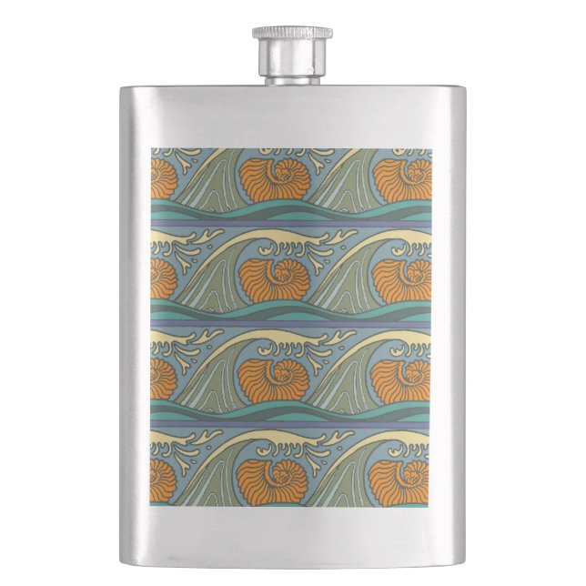 Blue Ocean Waves Nautilus Seashell Pattern Nouveau Flask (Front)