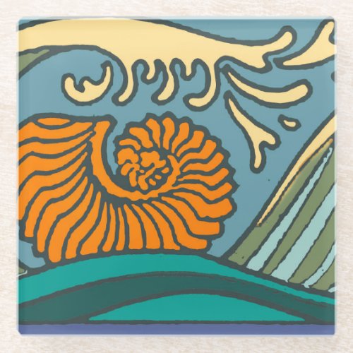 Blue Ocean Waves Nautilus Seashell Pattern Nouveau Glass Coaster