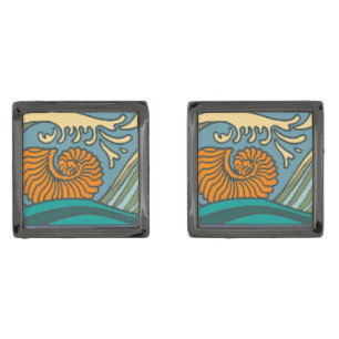 Blue Ocean Waves Nautilus Seashell Pattern Nouveau Gunmetal Finish Cufflinks
