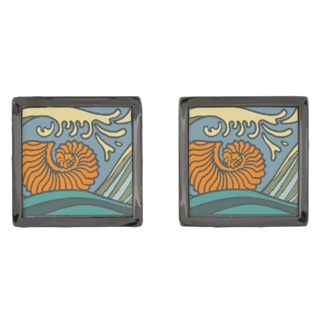 Blue Ocean Waves Nautilus Seashell Pattern Nouveau Gunmetal Finish Cufflinks (Front)